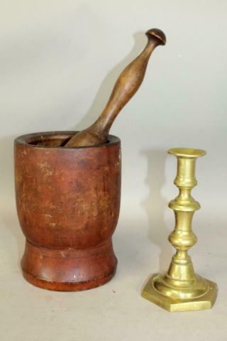 Rare Early 18th C Mortar & Pestle In Cherry In The Best Red Paint