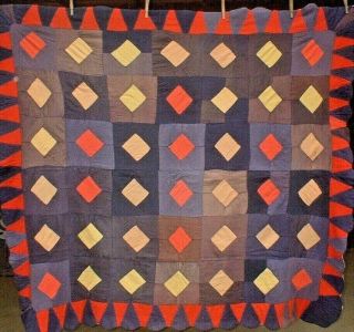 Antique Vintage Early 1900s Dazzling Diamond On Square Folk - Art Patchwork Quilt