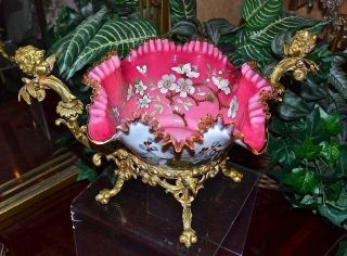 Brides Basket:art Glass Bowl Enameled Cherry Blossoms & Dore Bronze Cupid Basket