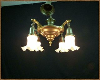 Antique Vintage Brass Art Deco Ceiling Light Fixture Chandelier 1920s 1930s WOW 11