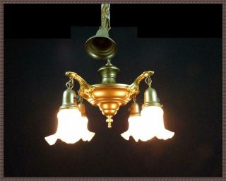 Antique Vintage Brass Art Deco Ceiling Light Fixture Chandelier 1920s 1930s Wow