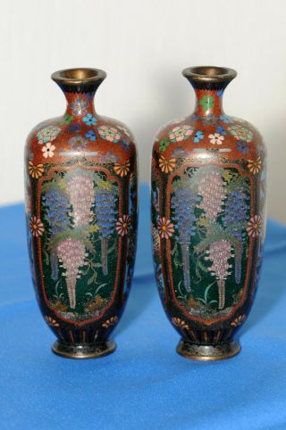 C19th Japanese Cloisonne 4 Panel Decorated Vases 6 "
