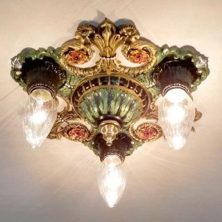 272b Vintage Antique Art Nouveau Ceiling Light Brass Chandelier