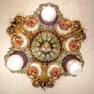 272b Vintage Antique art nouveau Ceiling Light Brass Chandelier 5