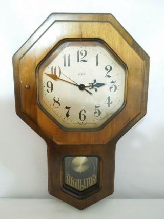 Vintage Verichron Quartz Pendulum Regulator Wall Clock Wood W Glass Movement
