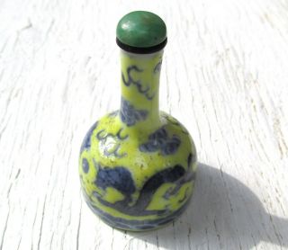 Antique Chinese Snuff Bottle W/ Jade Stopper Yellow Porcelain W Blue Dragons
