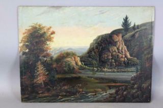 Ct River Valley Folk Art O/board 19th C Painting River Scene People & Cows