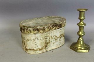 Rare 19th C Wall Paper Covered Oval Hat Band Box In Printed Wall Paper