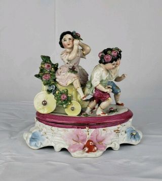RARE UNUSUAL CONTA BOEHME PORCELAIN INKWELL STAND WITH CHILDREN PLAYING. 9
