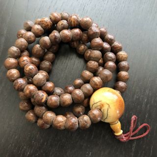 Antique 19th C Chinese Japanese Carved Burl Root Wood Mala Prayer Bead Necklace