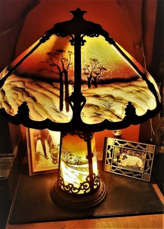 Antique Pittsburgh Reverse Painted Lighted Base Table Lamp W/landscape Scene