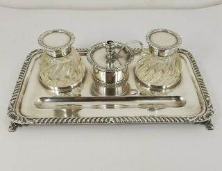 Antique Sterling Silver Ink Stand Desk Set With Crystal Inkwells 9.  25  X 5.  5