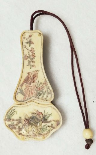 Antique Chinese Or Japanese Needle Etui Case Hand Carved Painted Rabbits & Birds