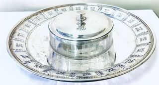 Antique Tiffany & Co.  Lidded Sugar Bowl With Tray Sterling Silver Etched Glass