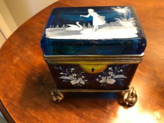 Antique Mary Gregory turquoise glass hand painted white enamel jewelry casket 6