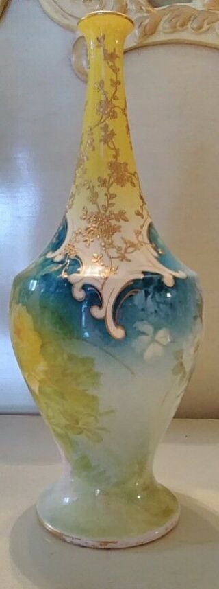 Antique ROYAL BONN Vase Yellow & Pink Roses White Flowers Parcel Gold Gilt 3