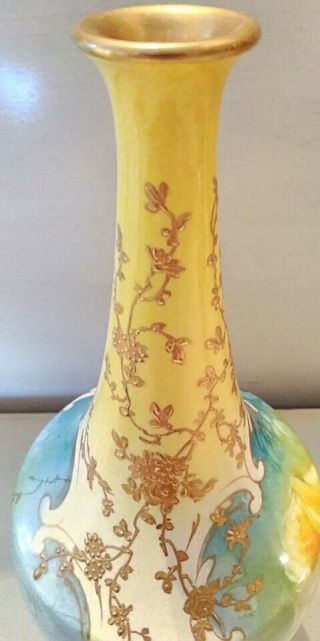 Antique ROYAL BONN Vase Yellow & Pink Roses White Flowers Parcel Gold Gilt 6