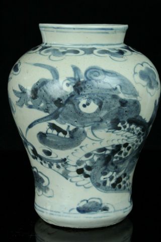 Jun082 Korean Late Joseon Blue&white Porcelain Dragon&cloud Vase Jar Vessel