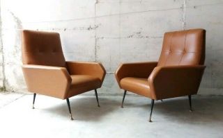 Mid Century Set By Marco Zanuso Pair Lounge Chairs,  Gio Ponti Italy 50s