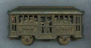 18 - 1900s Cast Iron “main Street” Trolley Bank - Orig Gold Paint,  People On Board