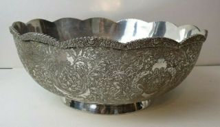 Lovely Large 10 " Persian Solid Silver Pedestal Fruit Bowl Birds & Flowers 743 G