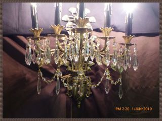 (2) Vintage Large Antique Brass Ornate Wall Sconces Chandelier Crystals