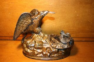 Cast Iron Eagle & Eaglets Mechanical Bank By J & E Stevens C.  1883 W/ Bellows