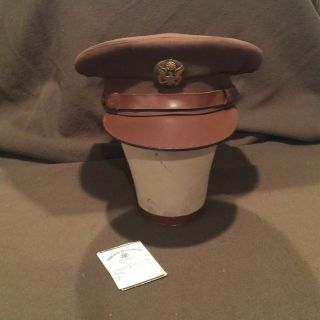 Vintage Military Wwii Us Army Brown Hat Cap With Badge & Papers