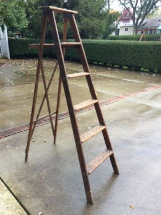 Antique Painter’s Wood Step Ladder A - Frame Folding 5 Foot Tool Repurpose