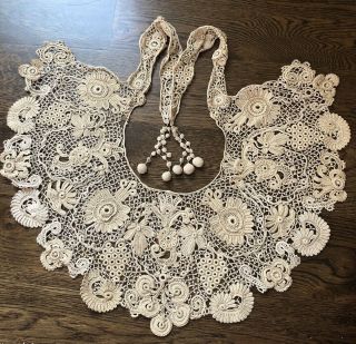 Fab Antique Venetian Rose Point Irish Crochet ? Needle Lace Large Collar Tassel