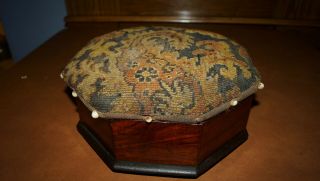 Rare Antique Rockingham Bennington Pottery Spittoon & Wood Case Woolwork Beaded