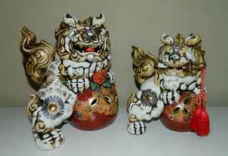 2 Feng Shui,  Foo Dogs Lion Pottery,  Gold Gilt Beautifully Painted On Ball