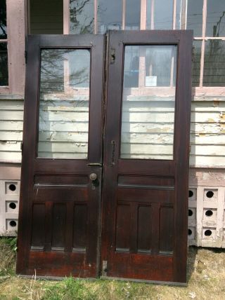 90” X 60” X 1 3/4” Pair Antique Mahogany Wood Double Entry Doors W / Glass
