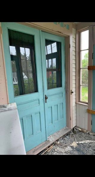 90” X 60” X 1 3/4” Pair Antique Mahogany Wood Double Entry Doors W / Glass 2