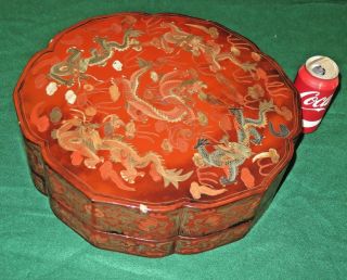 Antique Chinese Marriage Box Red Lacquer With Dragon Motif 15 " D Desirable