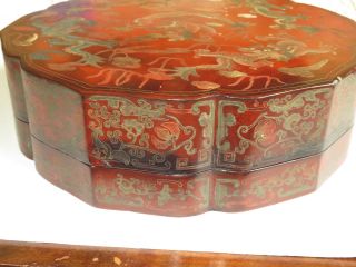 Antique Chinese Marriage Box Red Lacquer with Dragon Motif 15 