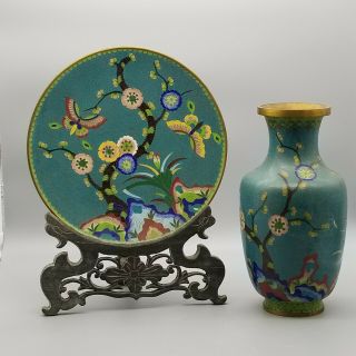 19c Chinese Cloisonne Vase & Plate Set Butterfly With Flowers