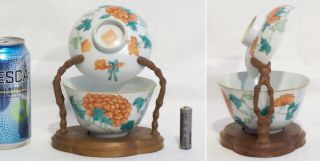 19th C.  Chinese Qing Dynasty Famille Rose Tea Bowl And Cover With Marks & Stand