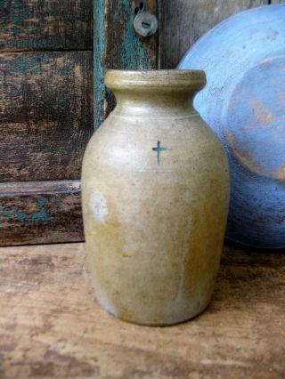Early Antique Stoneware Canning Crock With Painted Cross