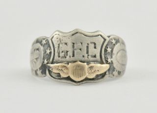 Rare Wwi World War 1 Sterling Silver & 10k Gold Pilot Wings Ring Engraved G.  F.  C.