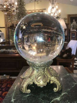 Antique Large Gazing Crystal Ball Oracle Gilt Spelter Paranormal Gypsy 11 1/2”