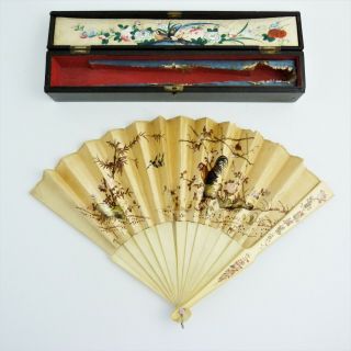 Antique Japanese Embroidered Silk Hand Fan With Shibiyama Guards