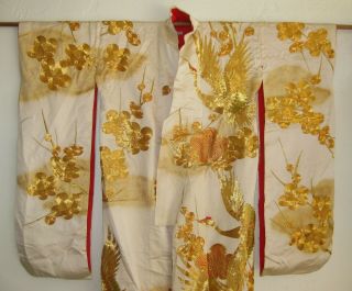 Vintage Japanese White Gold Silk Embroidered Cranes Full Ceremonial Kimono Robe 10