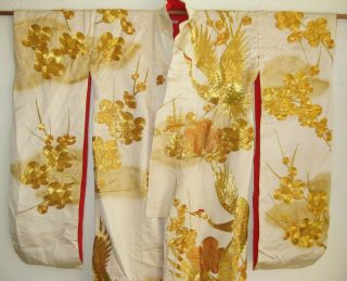 Vintage Japanese White Gold Silk Embroidered Cranes Full Ceremonial Kimono Robe 2