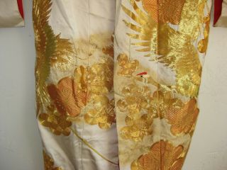 Vintage Japanese White Gold Silk Embroidered Cranes Full Ceremonial Kimono Robe 3
