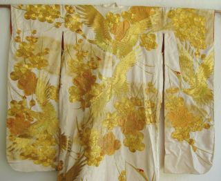 Vintage Japanese White Gold Silk Embroidered Cranes Full Ceremonial Kimono Robe 7