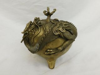 Rare Antique Chinese Brass Dragon Box Urn 3 Toe Claw Lid Signed 5lb 13 Sculpture