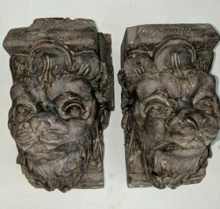 Gorgeous Antique Pair Tile Pottery Fireplace Mantle Wolves? Lions? Head Corbels
