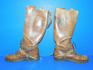 Antique Vtg Leather Calvary Strap Buckle Boots Military Spurs Lace Guards Mens 2