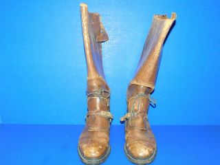 Antique Vtg Leather Calvary Strap Buckle Boots Military Spurs Lace Guards Mens 4